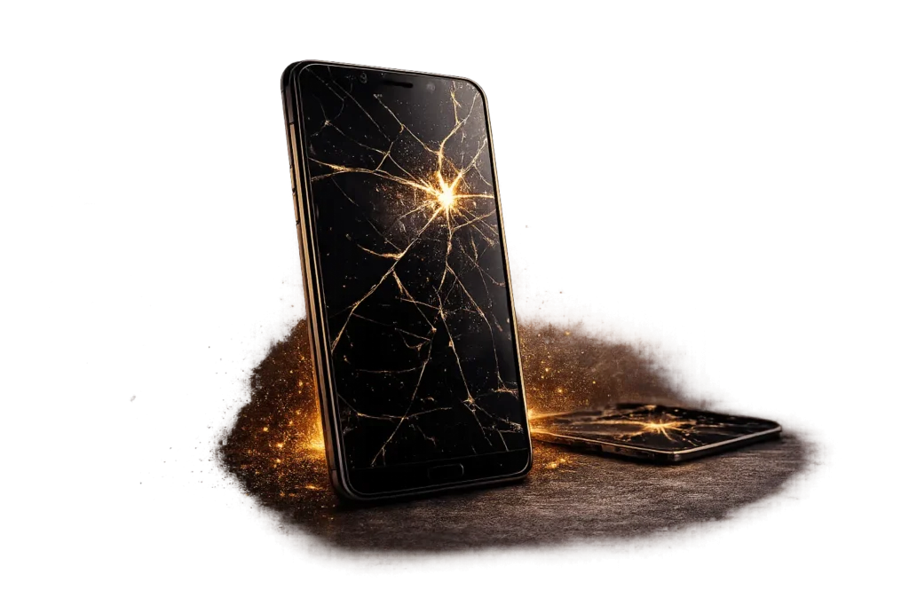 Celular com tela quebrada e rachaduras iluminadas representando reparo de tela realizado pela assistência técnica Mateus Assistec.